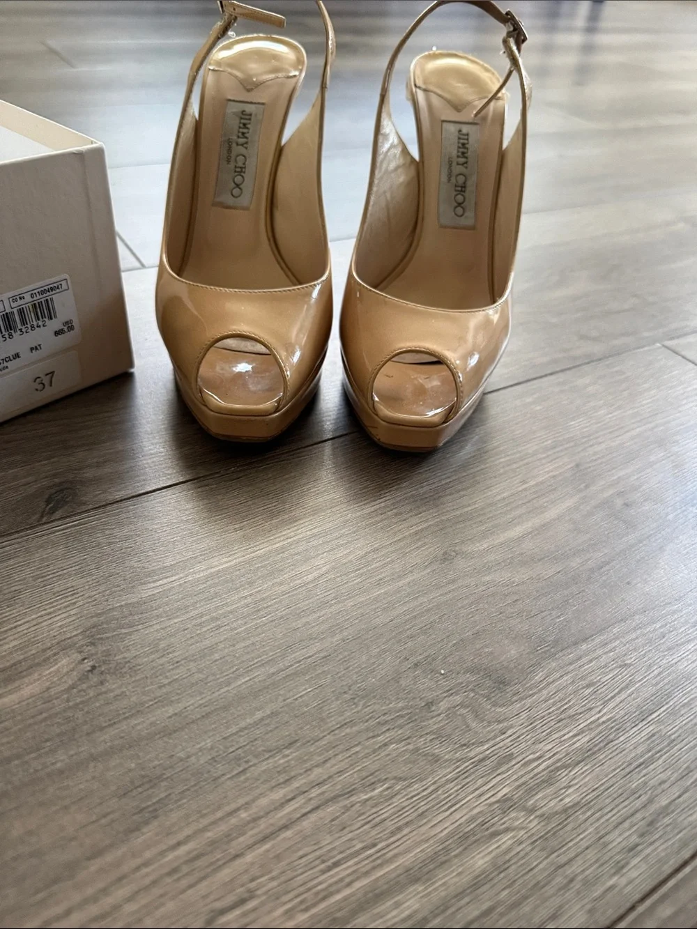 Jimmy Choo Beige Patent Leather Peep-Toe Heels